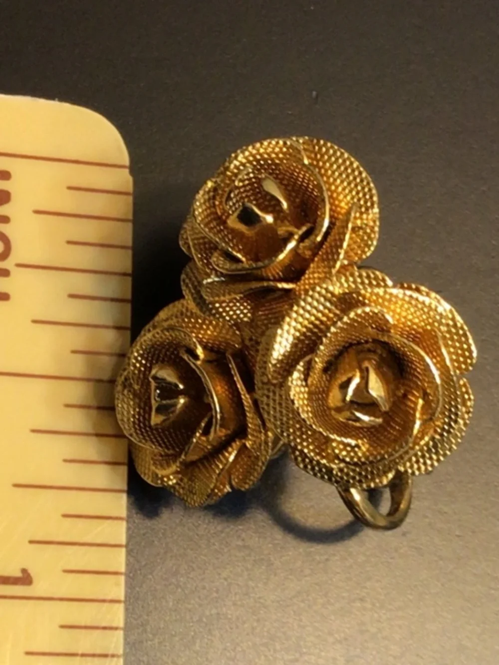 Vintage 1960s Triple Rose Clip On Earrings Gold Tone Mesh Texture Romantic